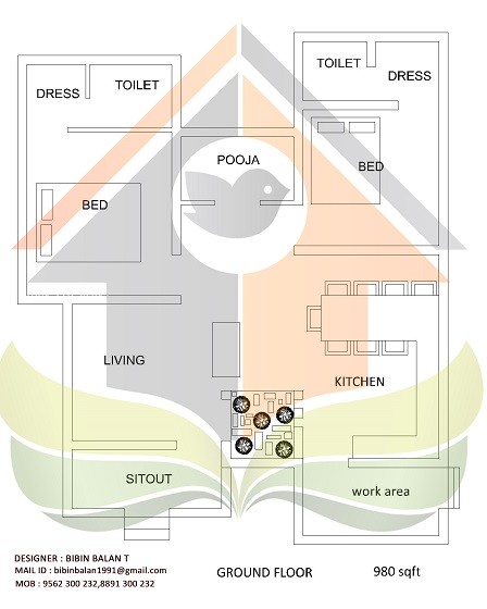 980 Square Feet 2 BHK Single Floor Traditional Home Design