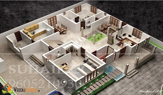 3D cutaway floor plan of 2800 sq ft 4BHK house