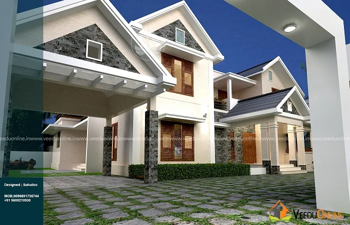 Car porch and front elevation of 2800 sq ft Kerala house