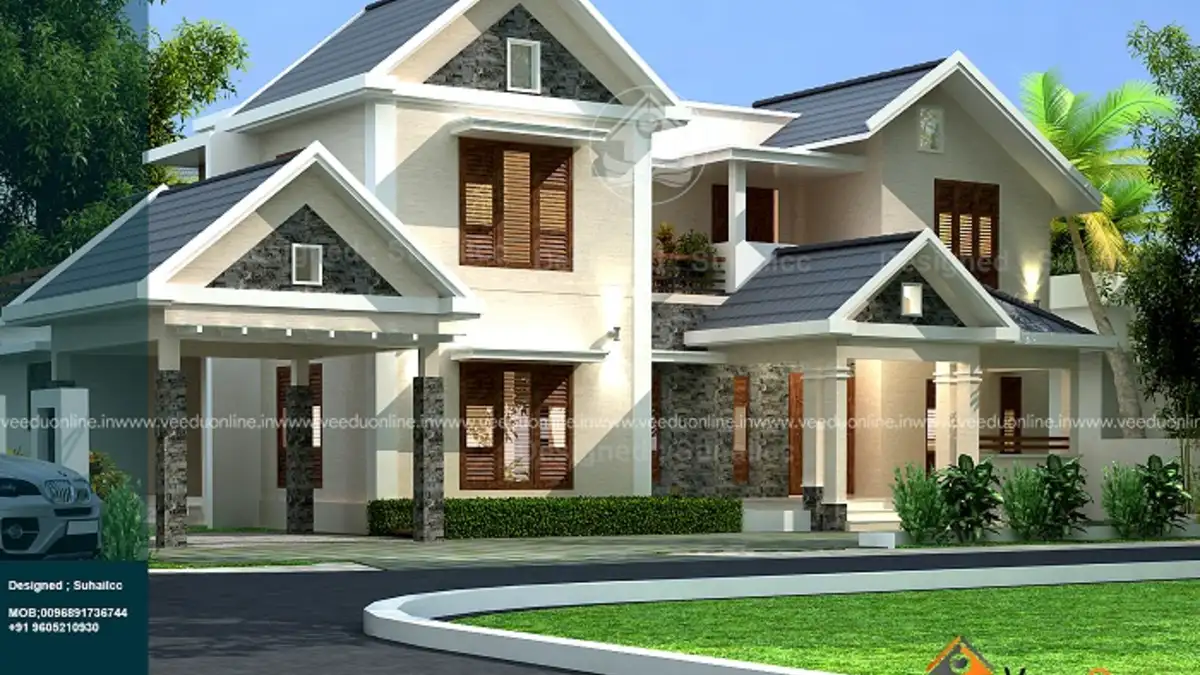 10 cent house plan 2800 sq ft grand 4BHK Kerala home with sloping roofs