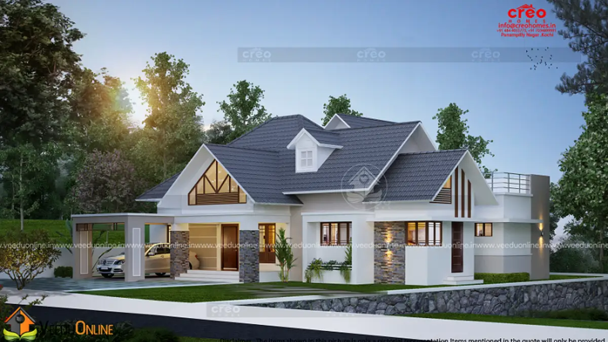 3 bedroom house with prayer room 2250 sq ft elegant Kerala home with sloping roofs