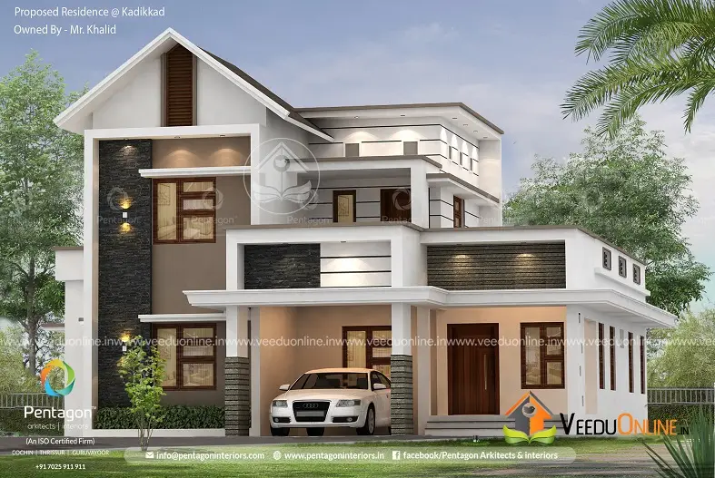 Side view of contemporary Kerala house with car porch