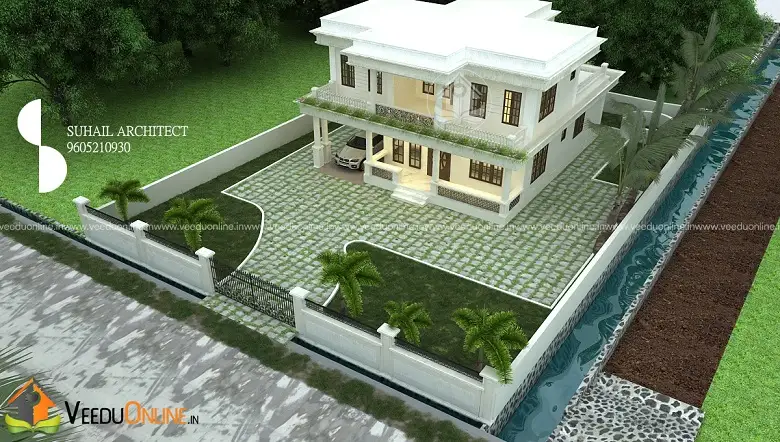 Aerial view of 1800 sq ft house on 7 cents with landscaped yard