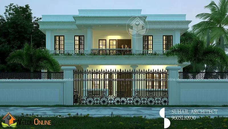 Night view of 1800 sq ft pillared house with gate and compound wall
