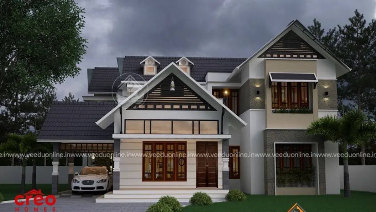 4BHK gable roof house 2552 sq ft double floor Kerala home