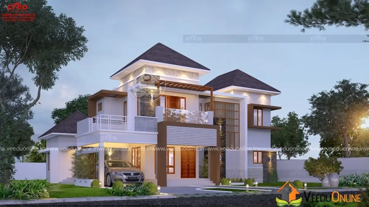 4BHK house with patio 2641 sq ft elegant modern Kerala home at dusk