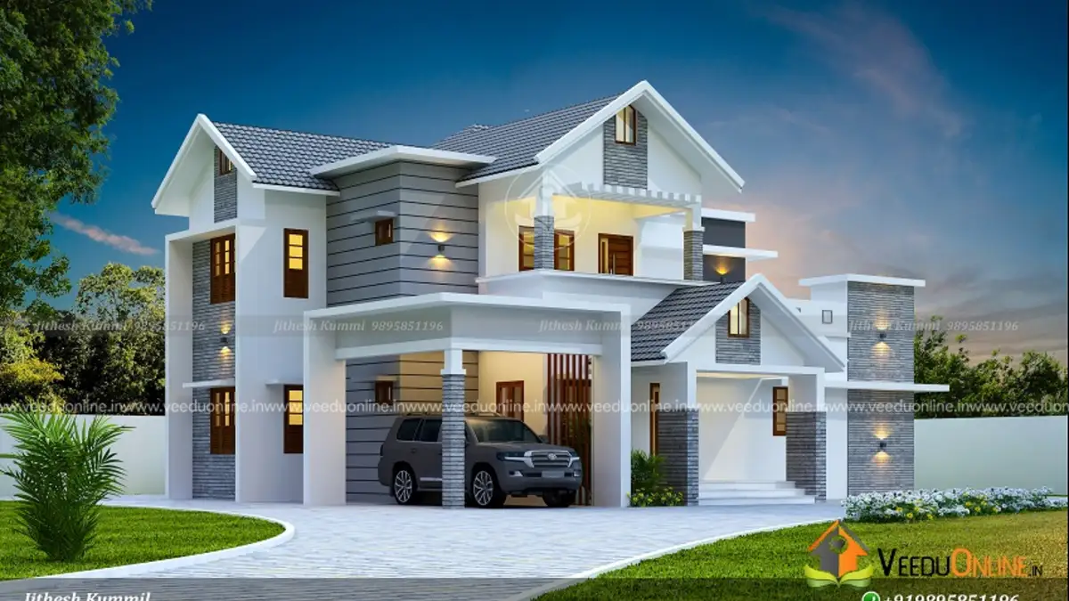 4BHK semi contemporary house 2305 sq ft with grey gable roofs and car porch