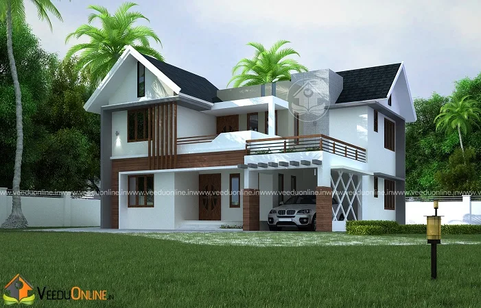 Side view of 1400 sq ft compact Kerala house with sloping roof