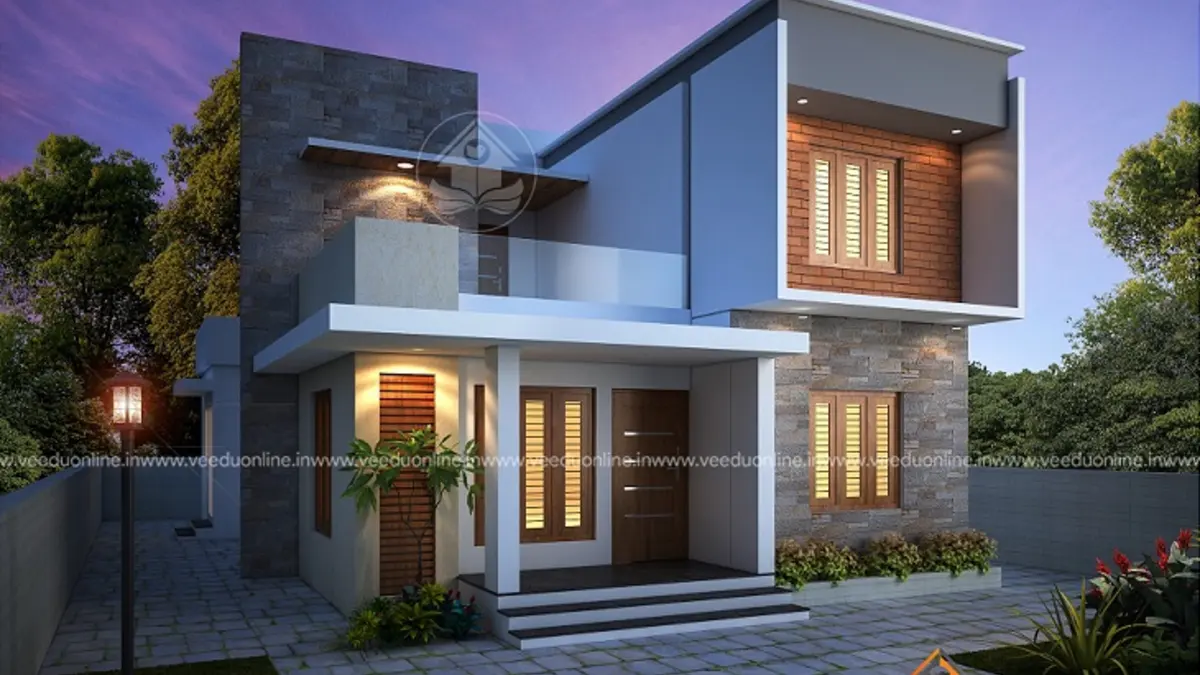 6 cent house plan 1950 sq ft modern 4BHK Kerala home at night