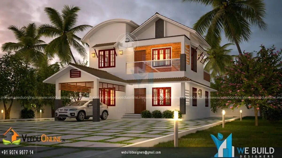 Affordable 4BHK house 1380 sq ft Kerala home with gable roofs at dusk
