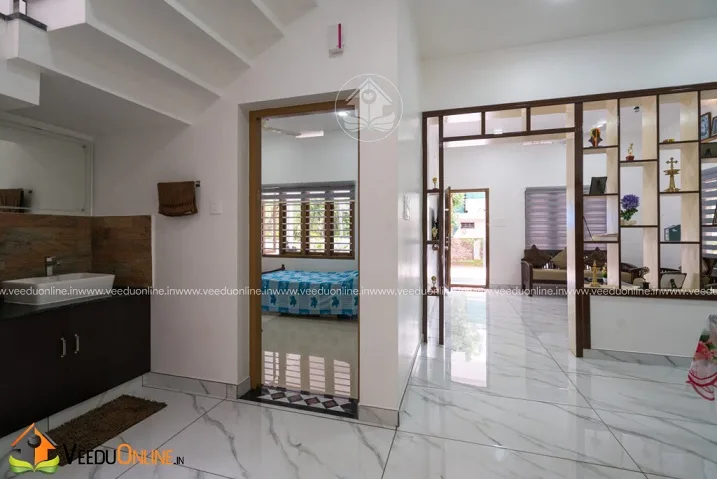 Interior view with wooden partition and marble floor