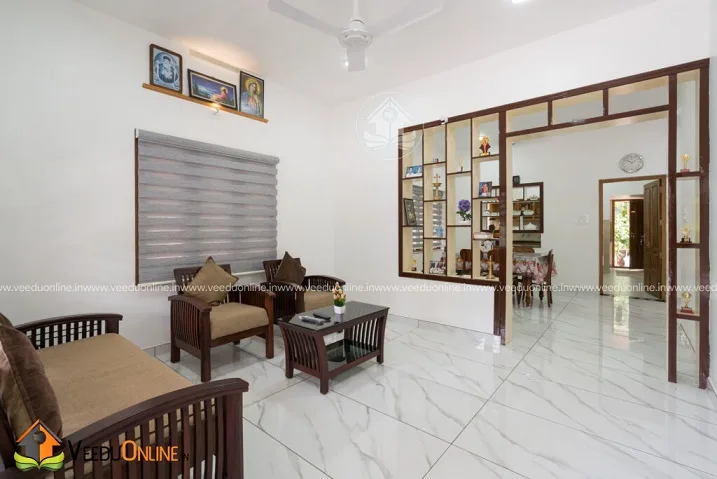 Living room with wooden partition and sofa