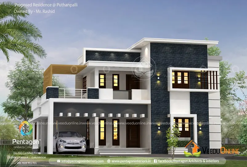 Front view of black and white modern house with lawn