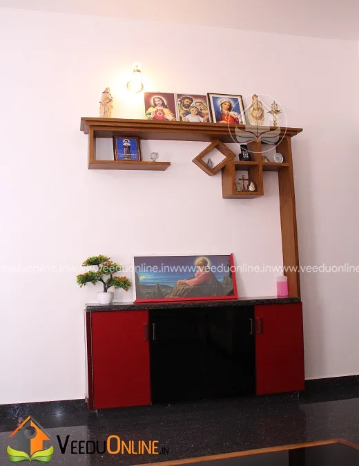 Wall shelf unit with red cabinet