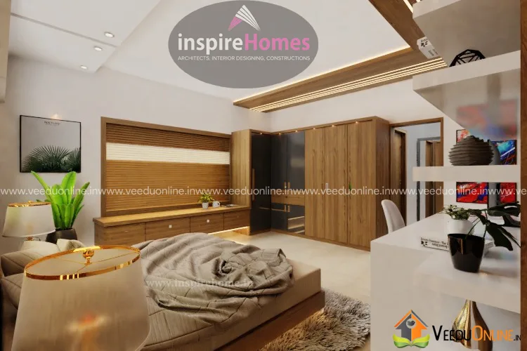 Bedroom with white study shelves and wooden wardrobe, Kochi