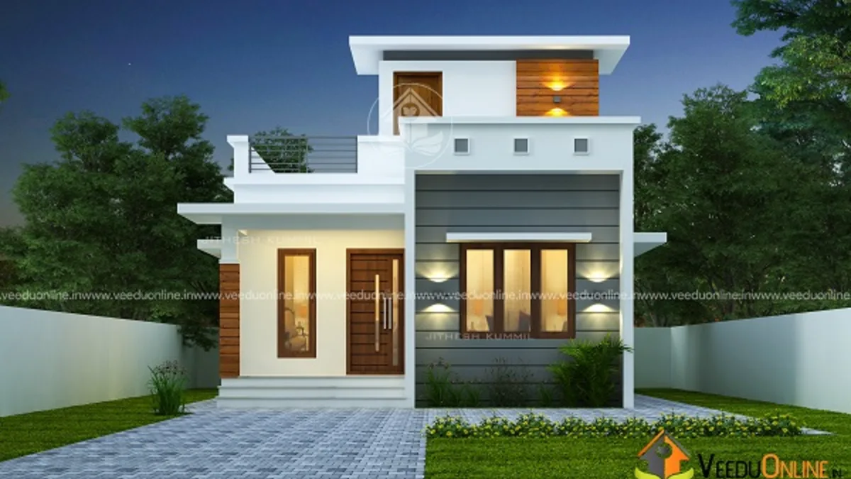 Budget house plan 830 sq ft modern single floor Kerala home with warm lights