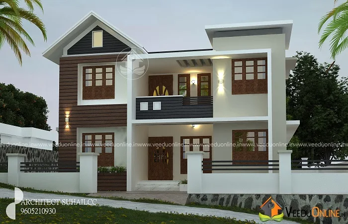 Renovated 1550 sq ft house front view with wood cladding and balcony