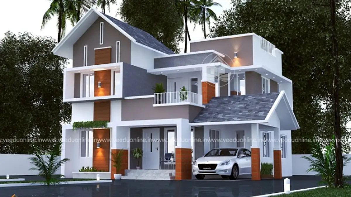 Contemporary house design 1619 sq ft double floor Kerala home with sloping roofs