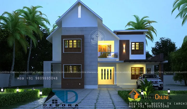 Front view of double floor house with warm lights