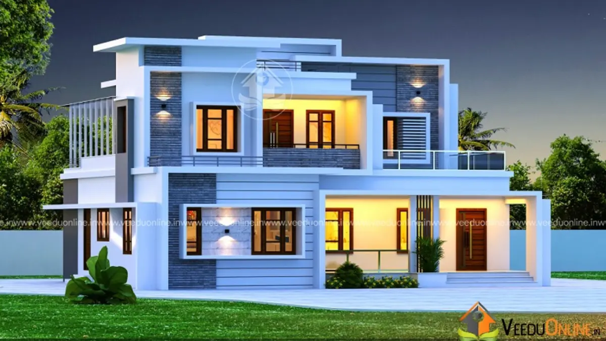 Cube house design 2500 sq ft modern double floor home with blue grey and white boxes