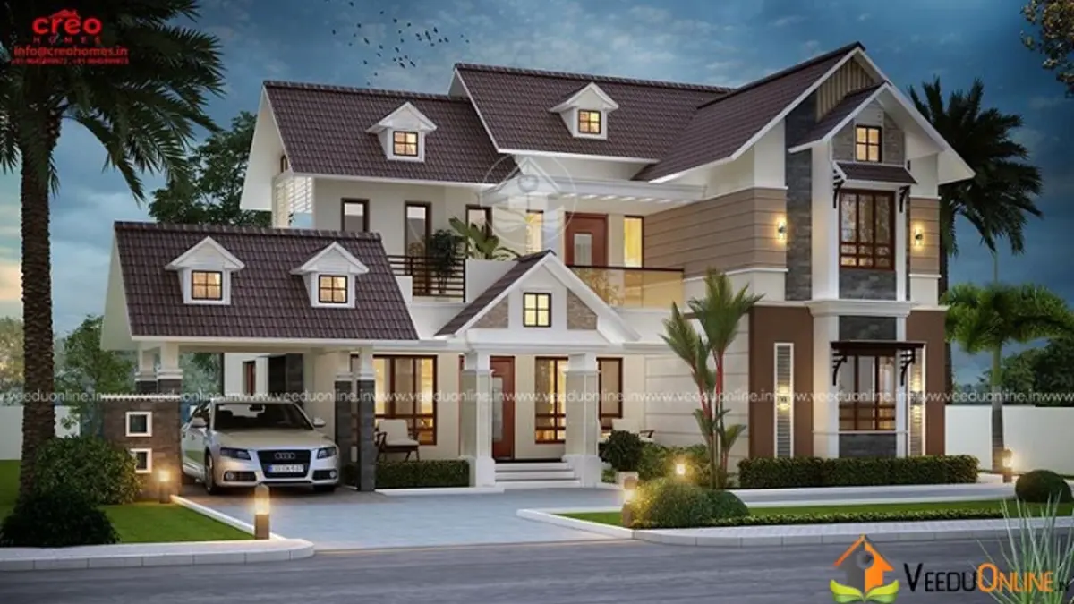 Dormer window house 2218 sq ft 3BHK Kerala home with steep roofs at dusk