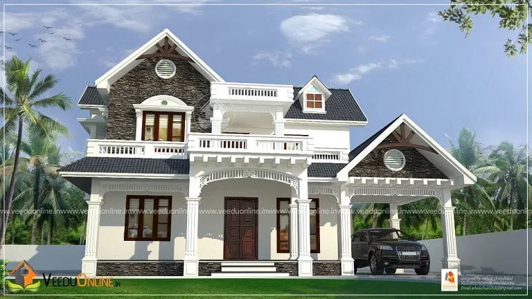 Front view of 4 bedroom Kerala house with long verandah and car porch