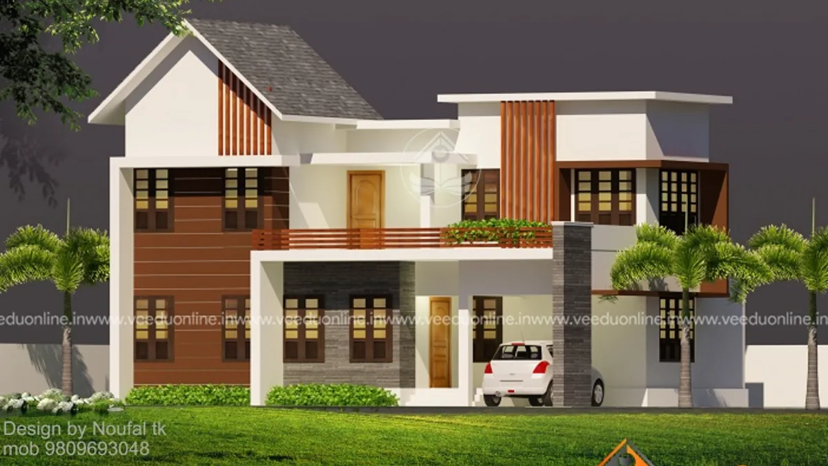 Double storey house plan 1640 sq ft Kerala home with sloping roof and wooden fins