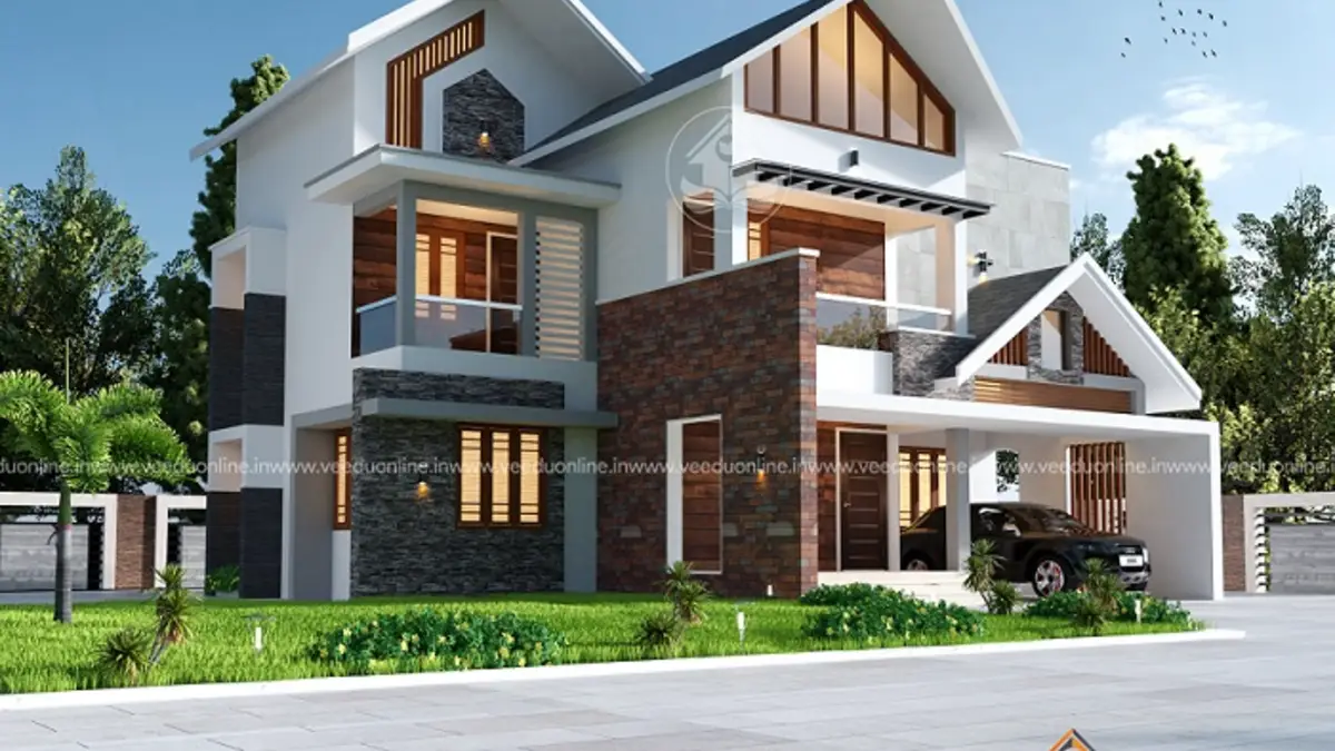 European style house 2300 sq ft 4BHK Kerala home with steep gables