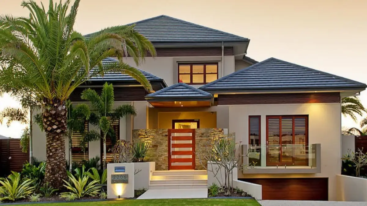 European style house design with hip roof and stone cladding