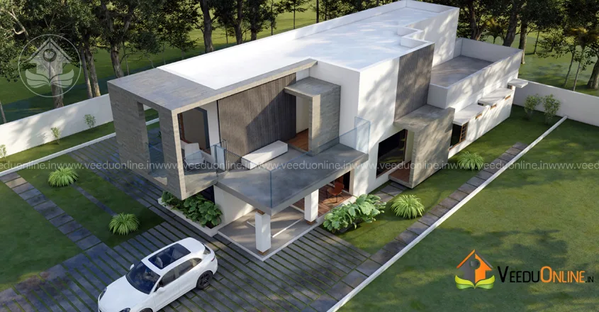Aerial view of modern flat roof house with landscaped garden