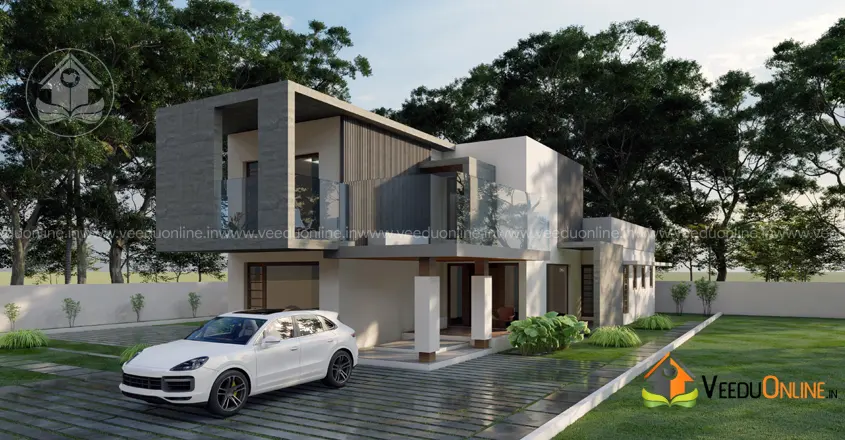 Front view of contemporary box style house with stone cladding