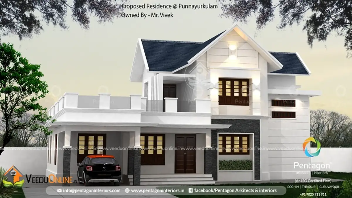 Ground floor focused house 2334 sq ft white and grey Kerala home with gable