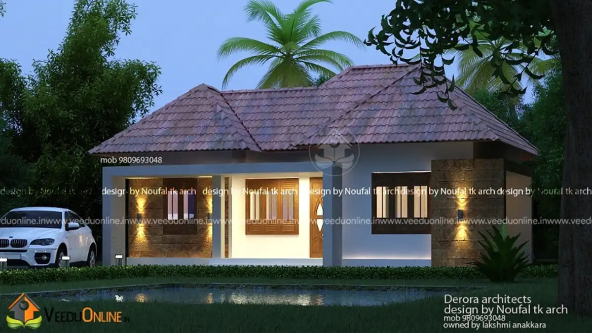 Hip roof house design 900 sq ft traditional single floor Kerala home with lights