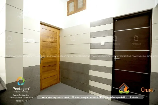Passage with wooden doors and textured wall tiles