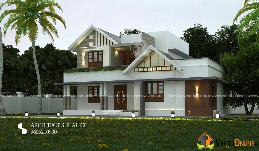 Wide view of 2300 sq ft Kerala house on 5 cent plot