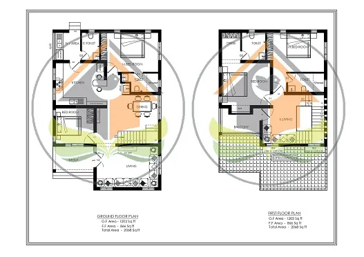 Ground and first floor plans of 2068 sq ft house