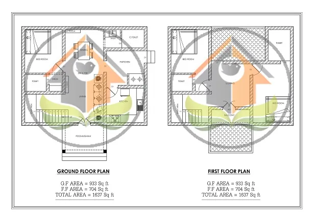 Ground and first floor plans of 1637 sq ft Kerala house