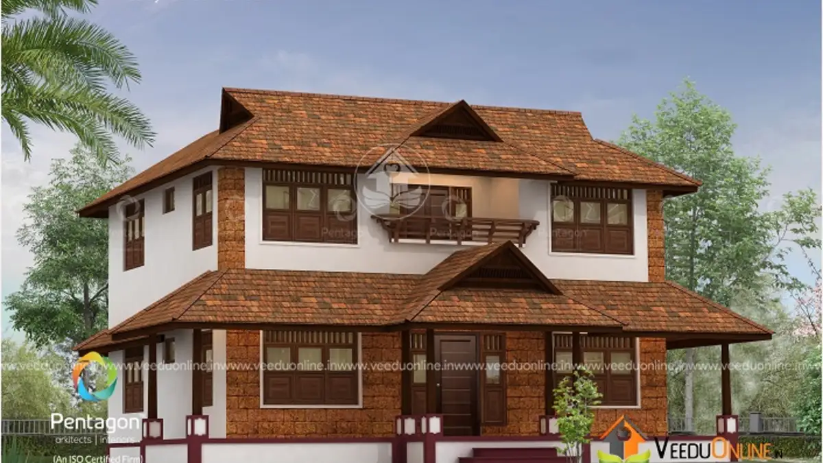 Kerala traditional house 1637 sq ft double floor with clay tile roof