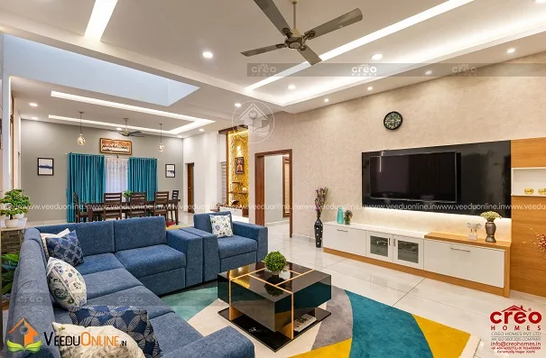 Family living with TV unit and wooden partition