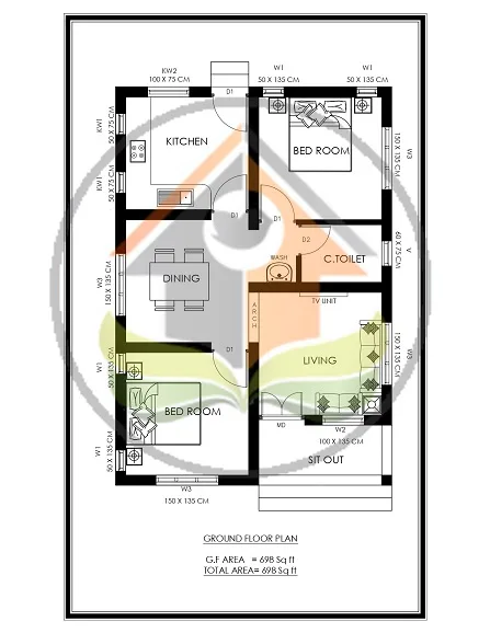 Floor plan of 698 sq ft 2 bedroom low cost house