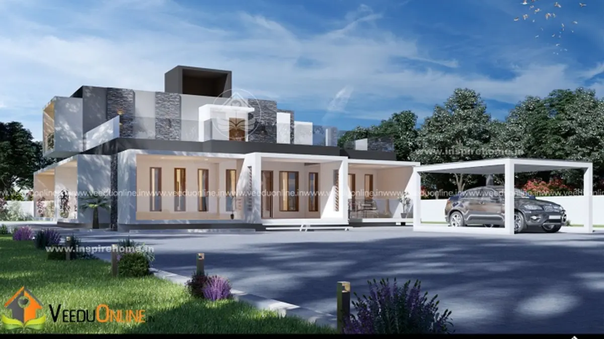 Luxury box style house 6000 sq ft with flat roofs and long car porch in Ernakulam