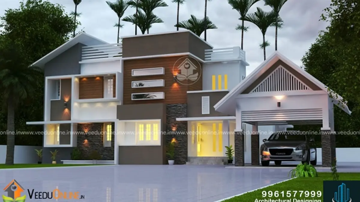 Luxury house design Kerala 2578 sq ft with dark cladding and white walls