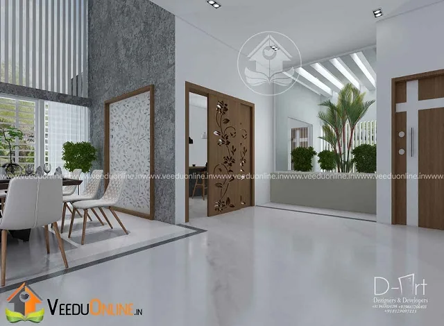 Interior with white floors and wooden doors