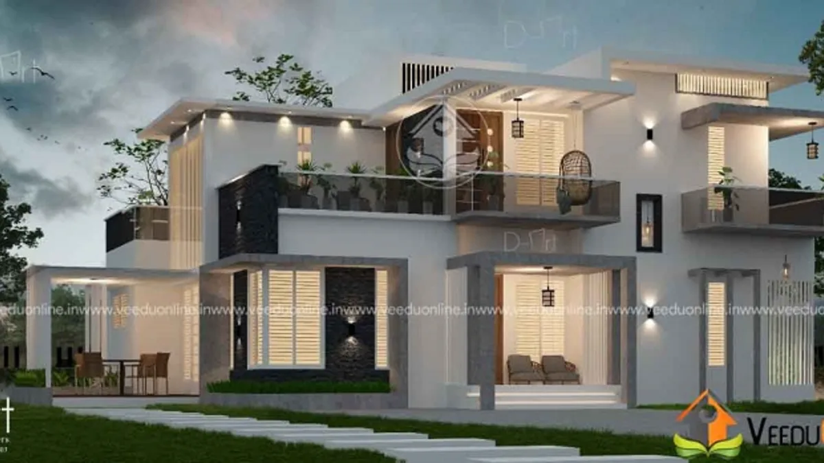 Malappuram house design 3195 sq ft modern double floor home at dusk
