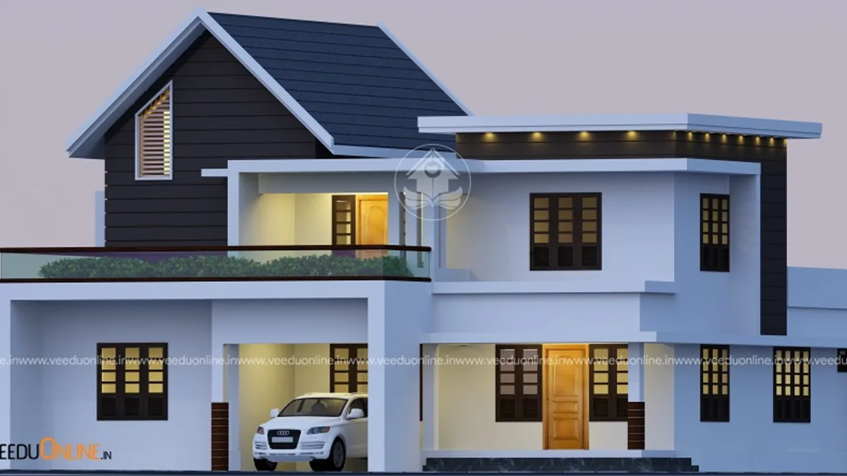 Modern Kerala house 2300 sq ft double floor with dark sloping roof and lit windows