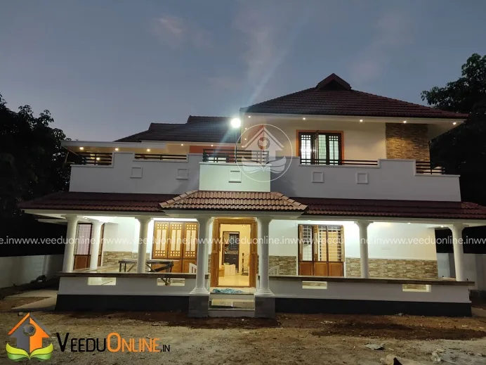 Night view of completed 2370 sq ft Kerala house