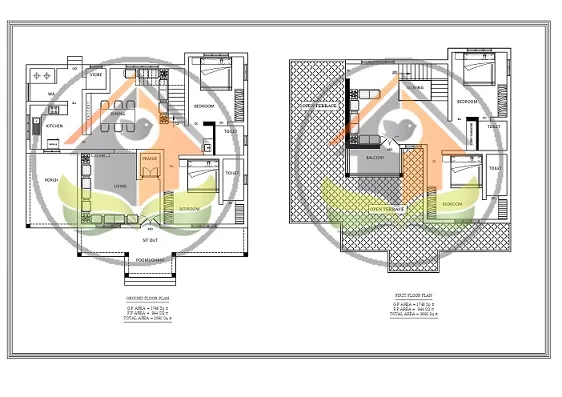 Ground and first floor plans of 2692 sq ft traditional house