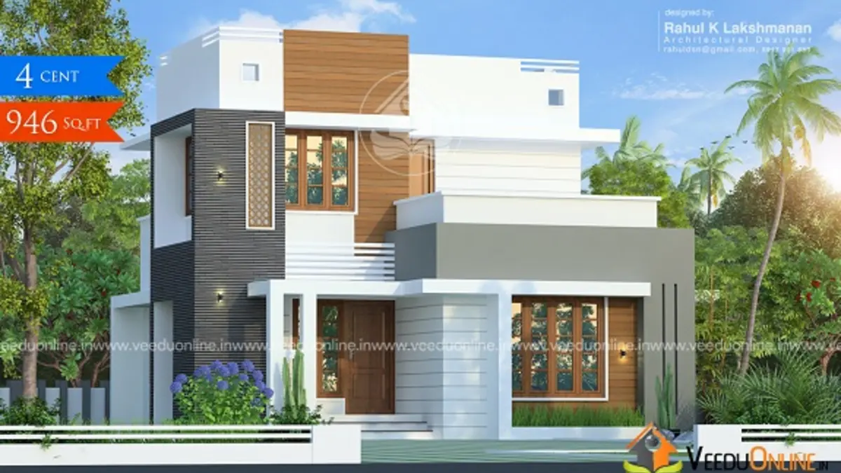 Narrow plot house design 946 sq ft modern box style two level Kerala home