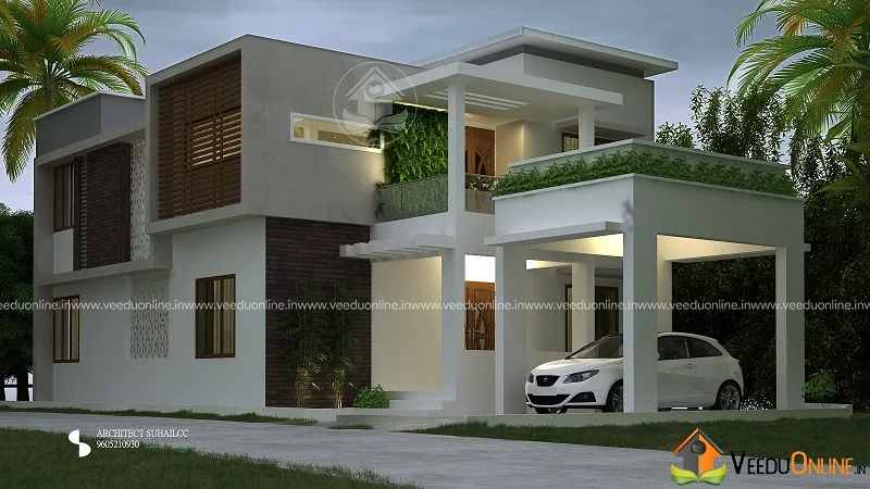 Side view of 2200 sq ft house with car porch and rooftop planters
