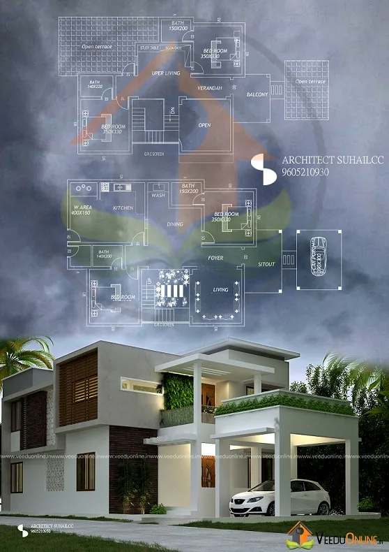 Floor plan and view of 2200 sq ft natural contemporary house